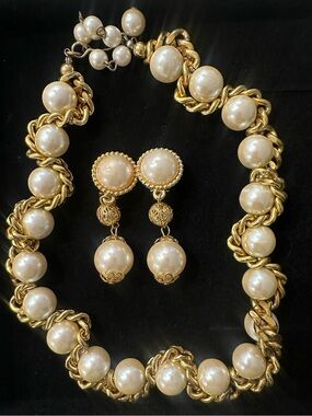 Gold-Tone Pearl Statement Necklace and Drop Earring Set